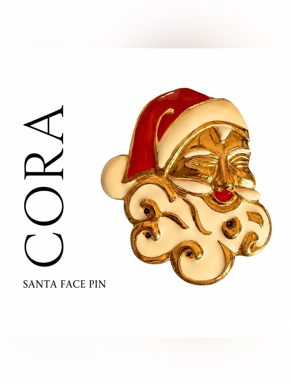 Vintage CORA Santa Claus Face Brooch Gold Tone Enamel Christmas Holiday Pin